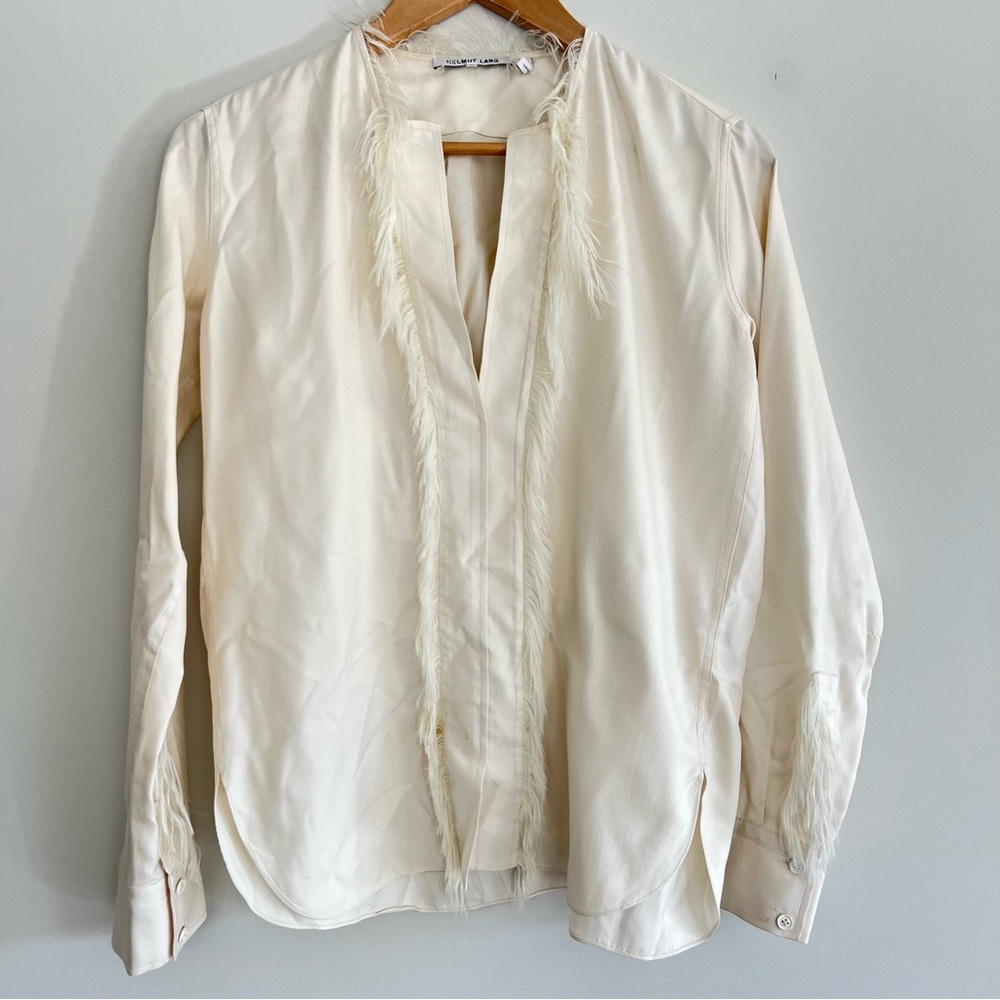 HELMUT LANG Twill Silk Feather Trim Ecru / White Fringe Long Sleeve Blouse Sz XS - Picture 2 of 16